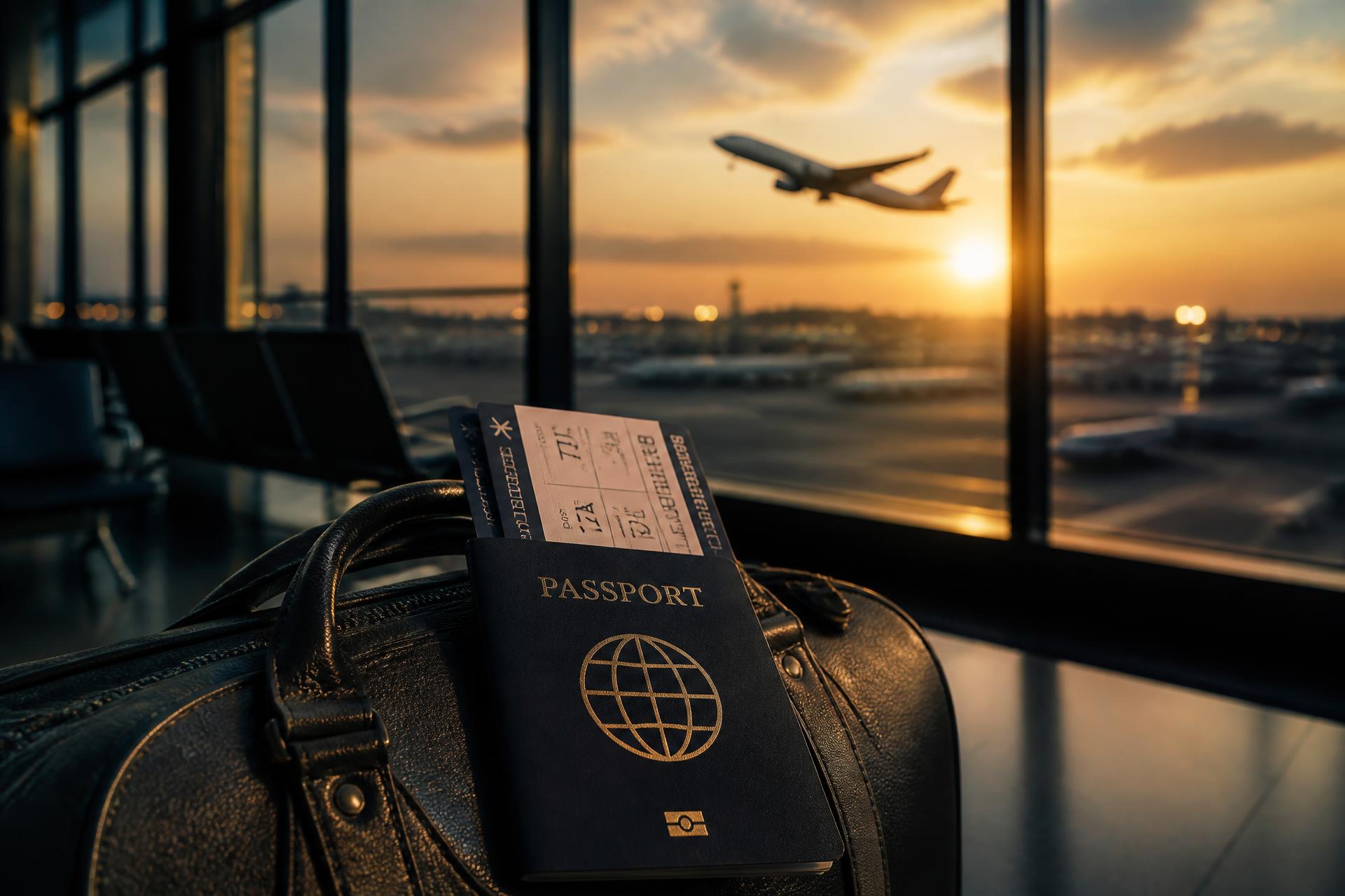 Passport and boarding passes on a bag with an aircraft taking off at sunset